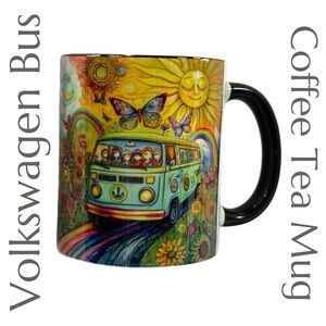 Psychedelic Peace Van Mug - Retro Hippie Art -Rainbow Road Sunflower Ceramic Cup